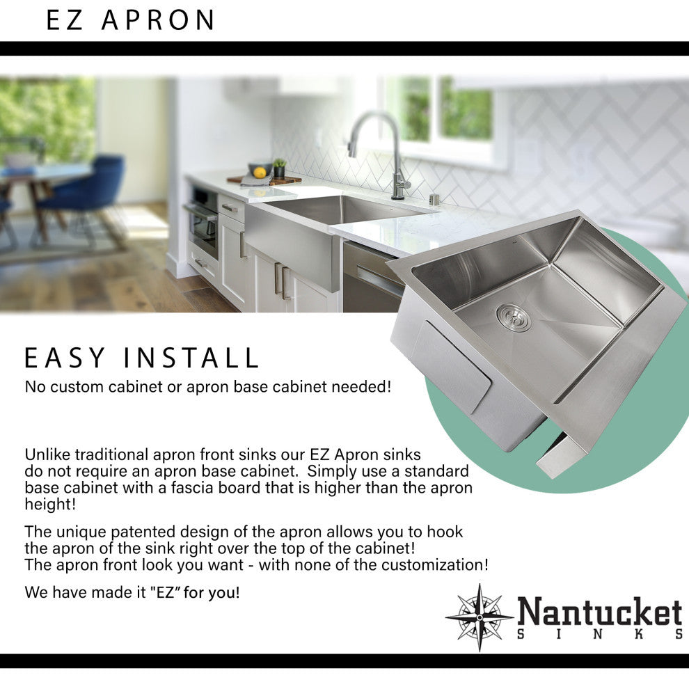 Nantucket Sinks EZ Apron Farmhouse Stainless Sink, 9" Apron