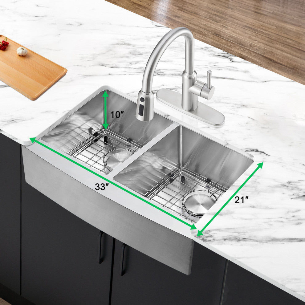 33" Farmhouse Double Bowl Kitchen Sink and Faucet, Drain and Strainer
