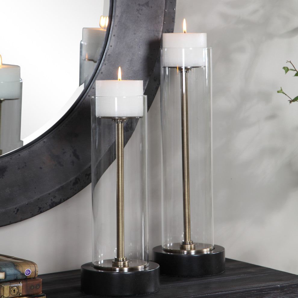 Modern Clear Glass Column Candle Holders, 2-Piece Set Pillar, Bronze Brass