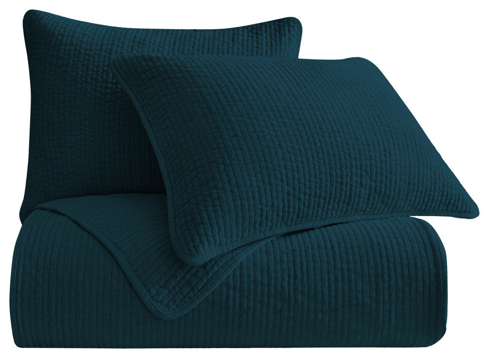 Stonewashed Cotton Velvet Quilt Set, King, Deep Blue, 3 Piece