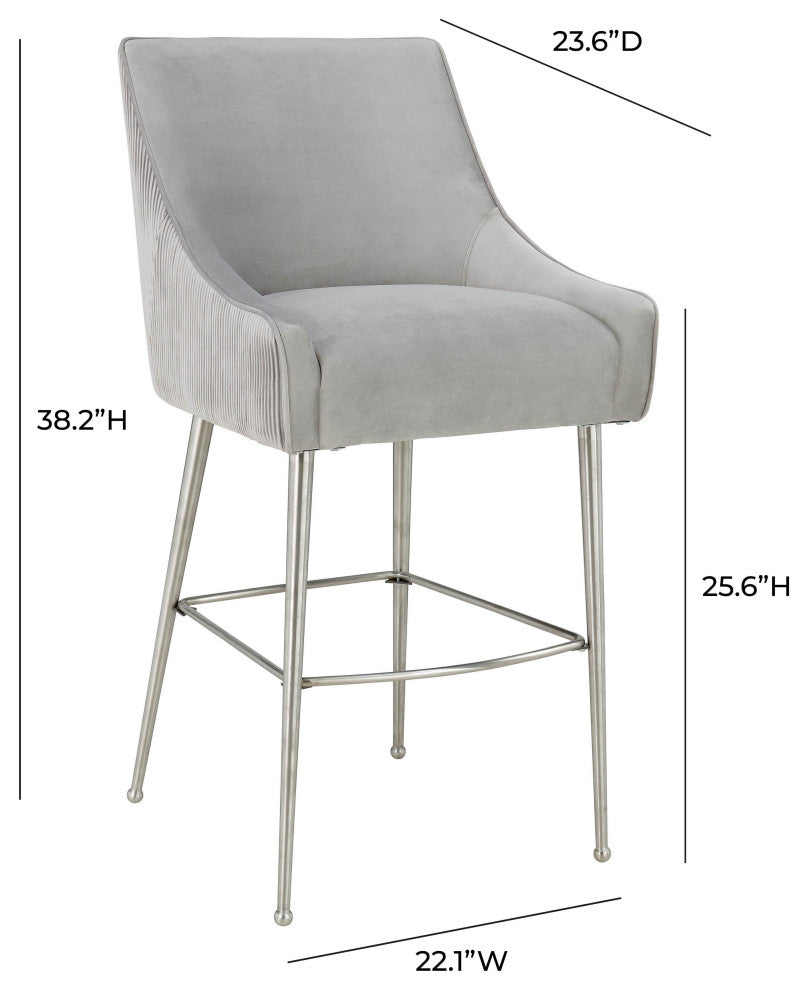 Beatrix Pleated Light Grey Velvet Bar Stool