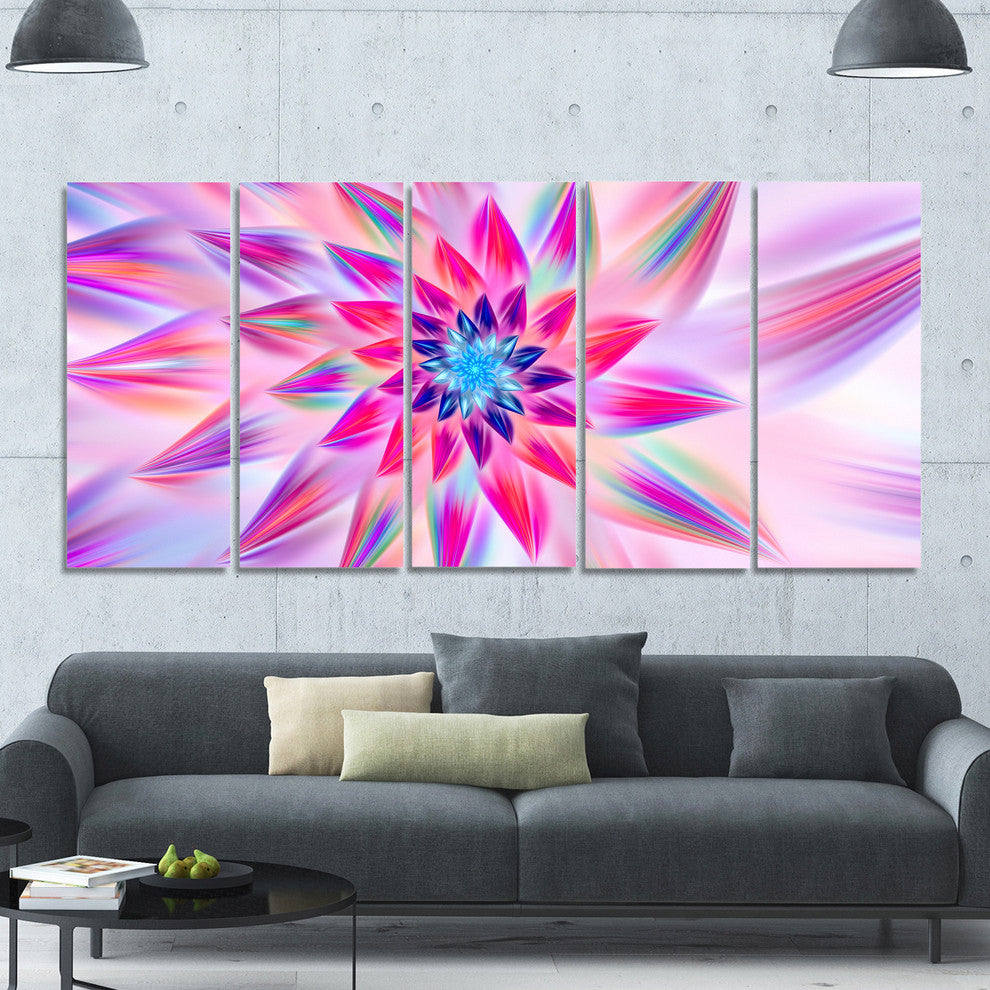 Huge Pink Blue Fractal Flower, Floral Canvas Art Print, 60"x28", 5 Panels
