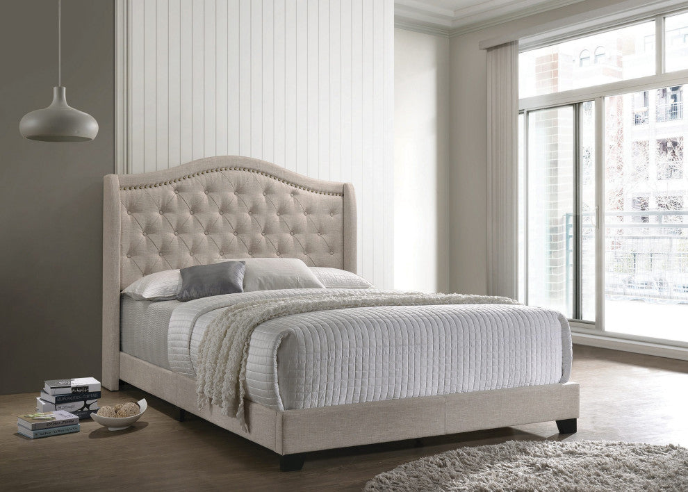 Camel Back Queen Bed Button Tufting in Beige
