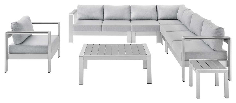 Sectional Sofa Chair Table Set, Sunbrella, Aluminum, Silver Gray, Outdoor