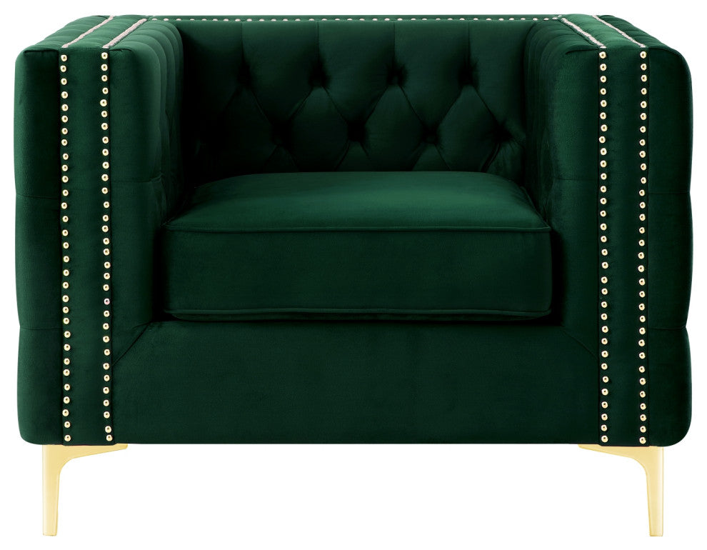 Jeannie Velvet 3-Seat Sofa Button Tufted With Metal Legs, Hunter Green