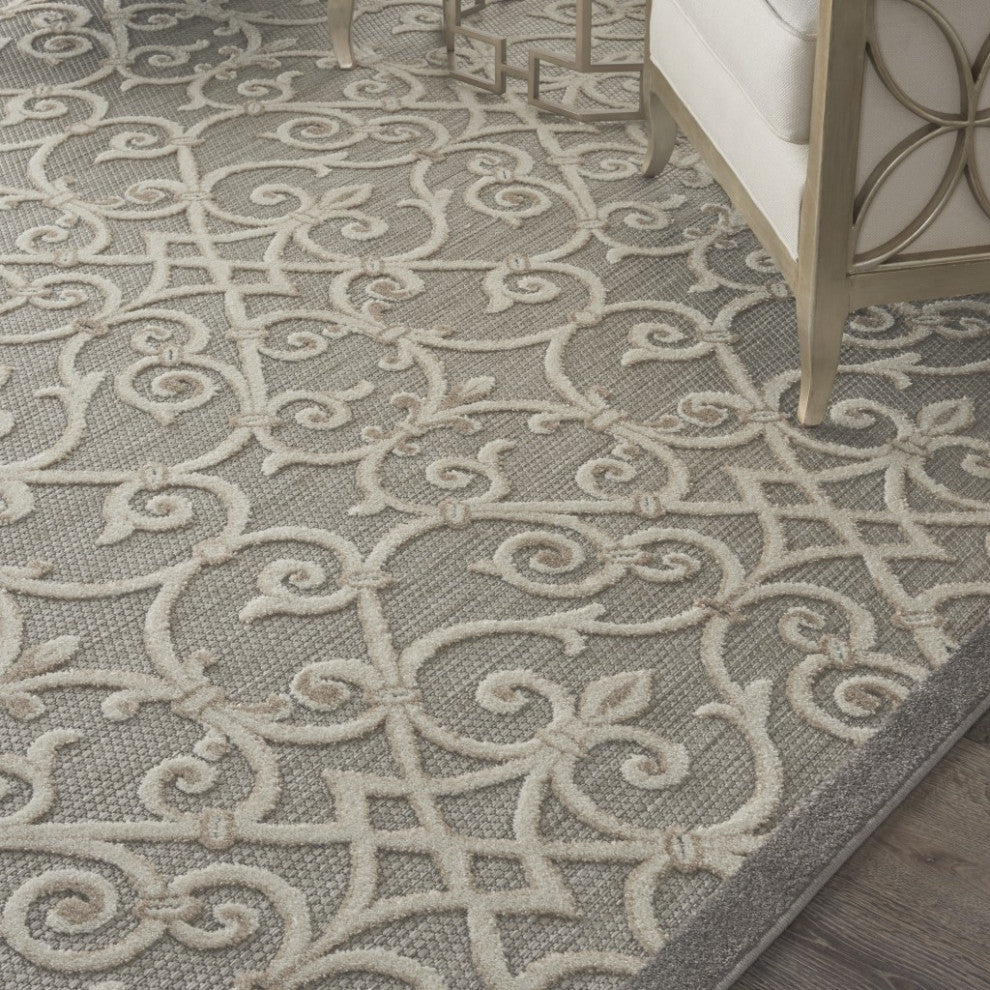 8' X 11' Gray And Ivory Floral Indoor Outdoor Area Rug
