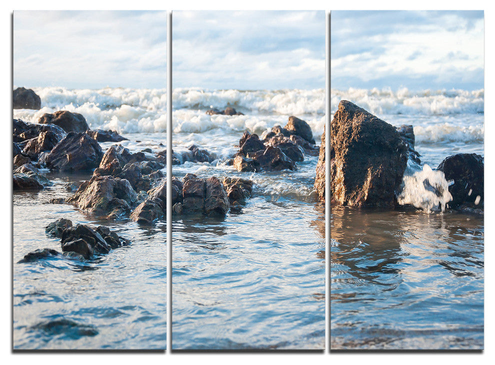 "Sea Foam in Empty Rocky Seaside" Metal Wall Art, 3 Panels, 36"x28"