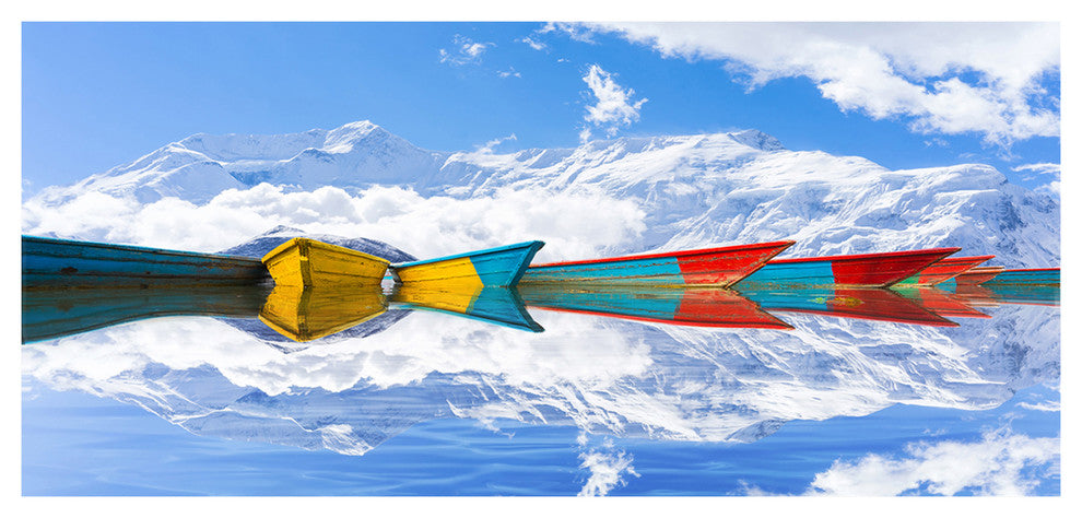 Moving Colorful Boats in Lake, Large Boat Canvas Art Print, 60"x28"