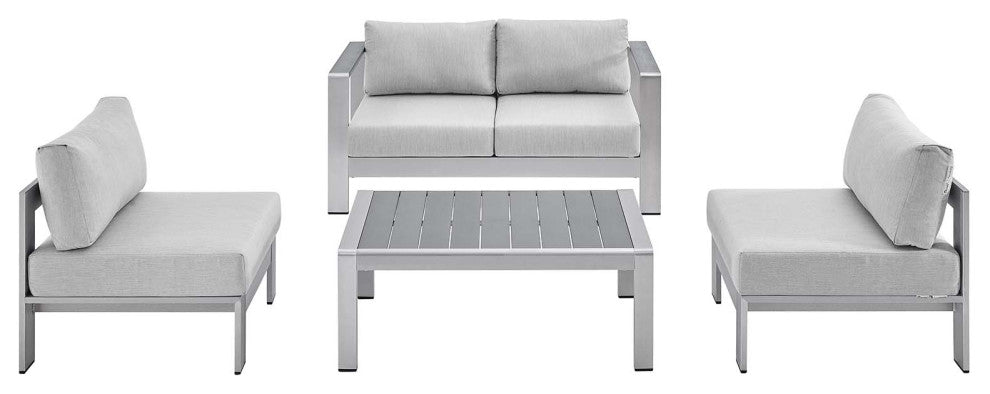 Shore Sunbrella Fabric Outdoor Patio Aluminum 4 Piece Set Silver Gray