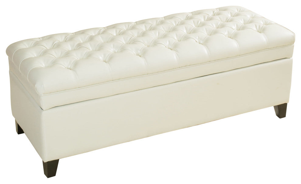 Luka Contemporary Bonded Leather Tufted Storage Ottoman Bench, Ivory