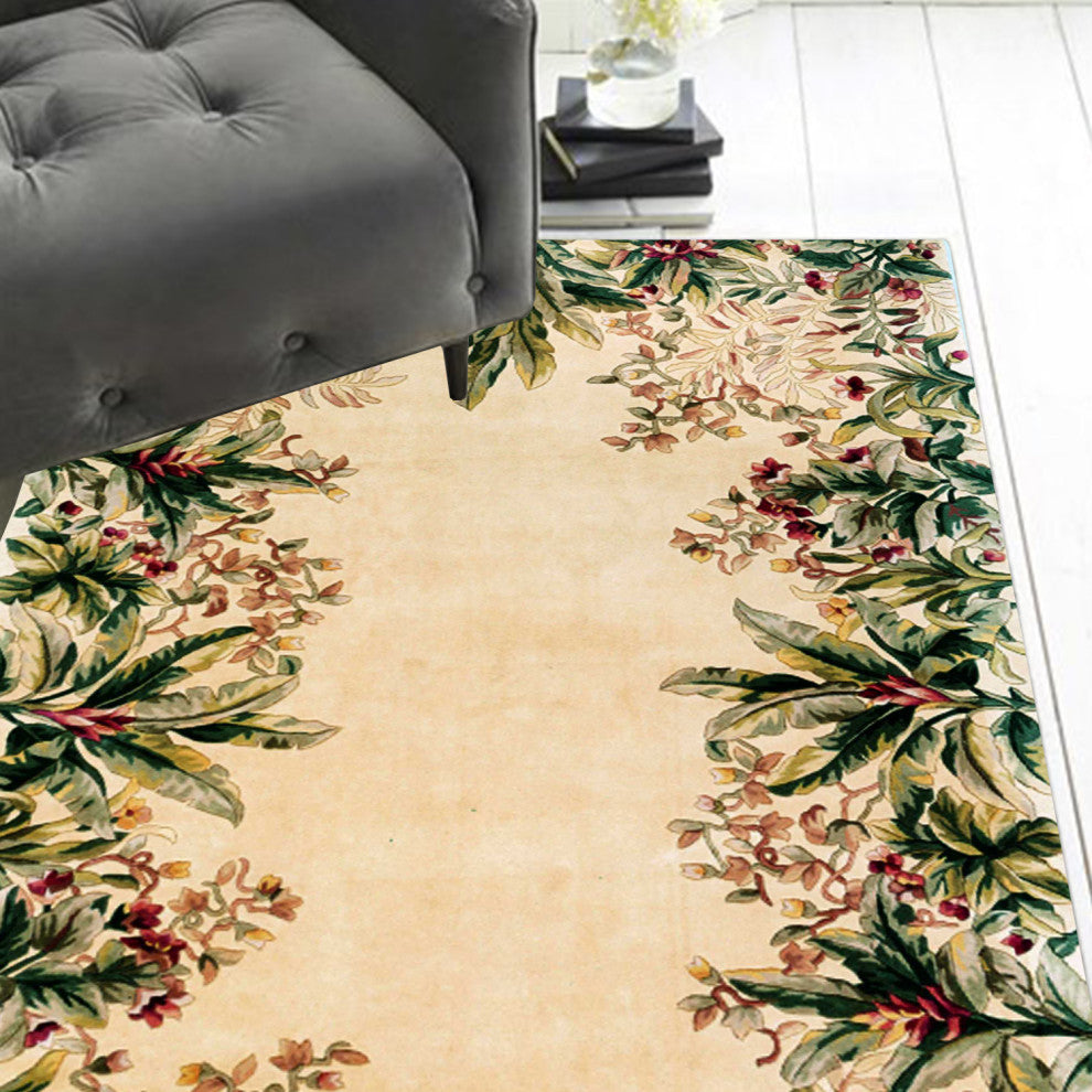 HomeRoots 5'x8' Ivory Hand Tufted Bordered Tropical Plants Indoor Area Rug