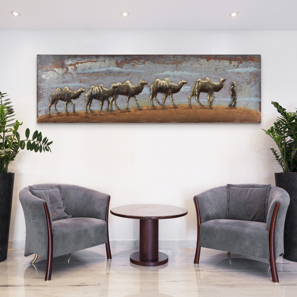 "Caravan" Camel Mixed Media Iron Hand Painted Dimensional Wall Art