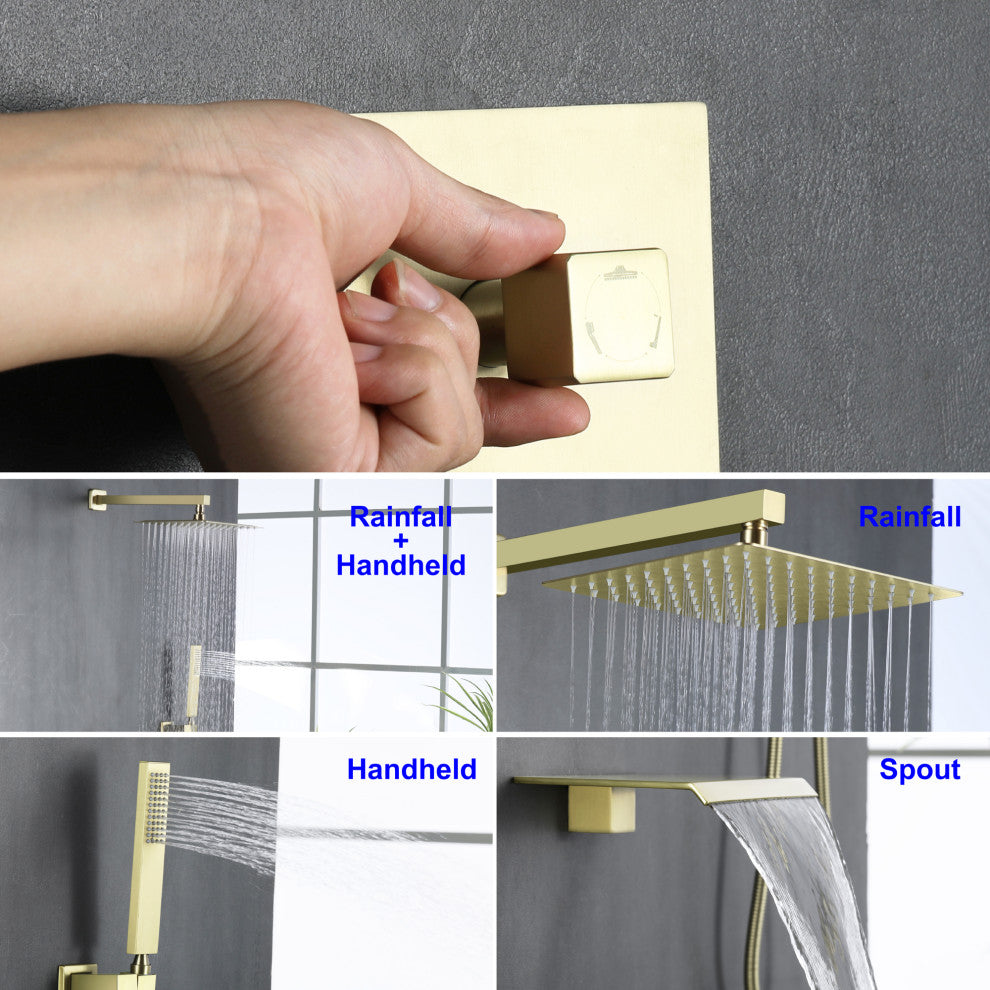 Wellfor Rainfall Shower Faucet, 10" Rain Shower Head With Handheld Combo Set, Brushed Gold