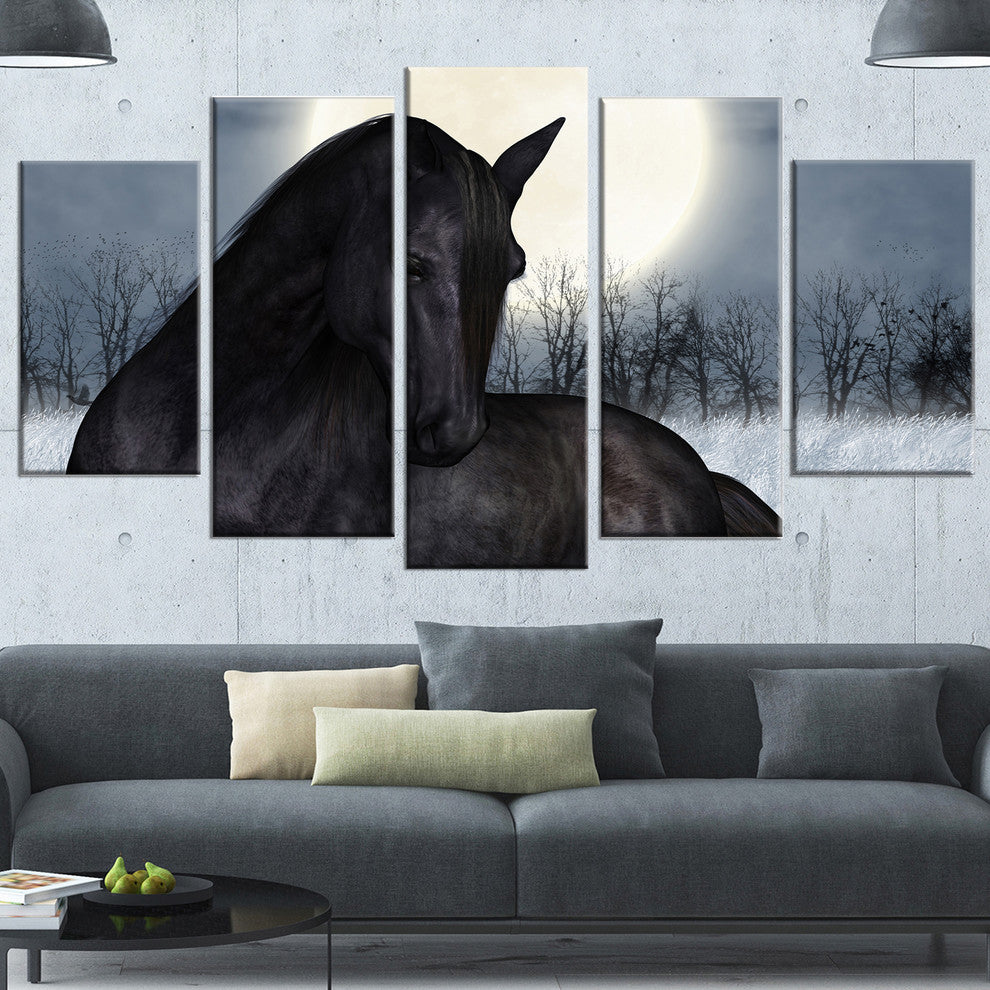 Black Horse in Moonlight, Animal Canvas Art Print, 60"x32", 5 Panels