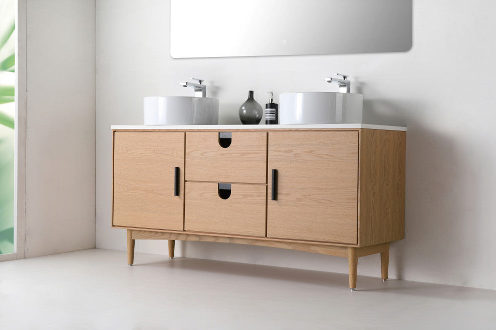 Newton Bath Vanity, Whitewash Oak, 60", Double Sink, Freestanding