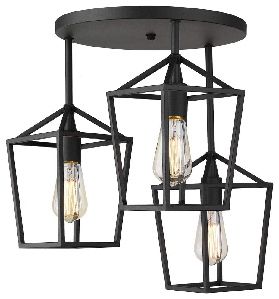 3 Light Black Ceiling Light, Metal Cage, Semi Flush Mount Light Fixture
