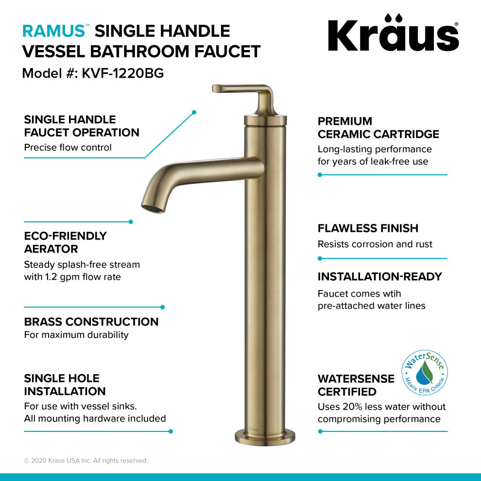 Kraus Ramus Single Handle Vessel Faucet, Pop Up Drain, Brushed Gold
