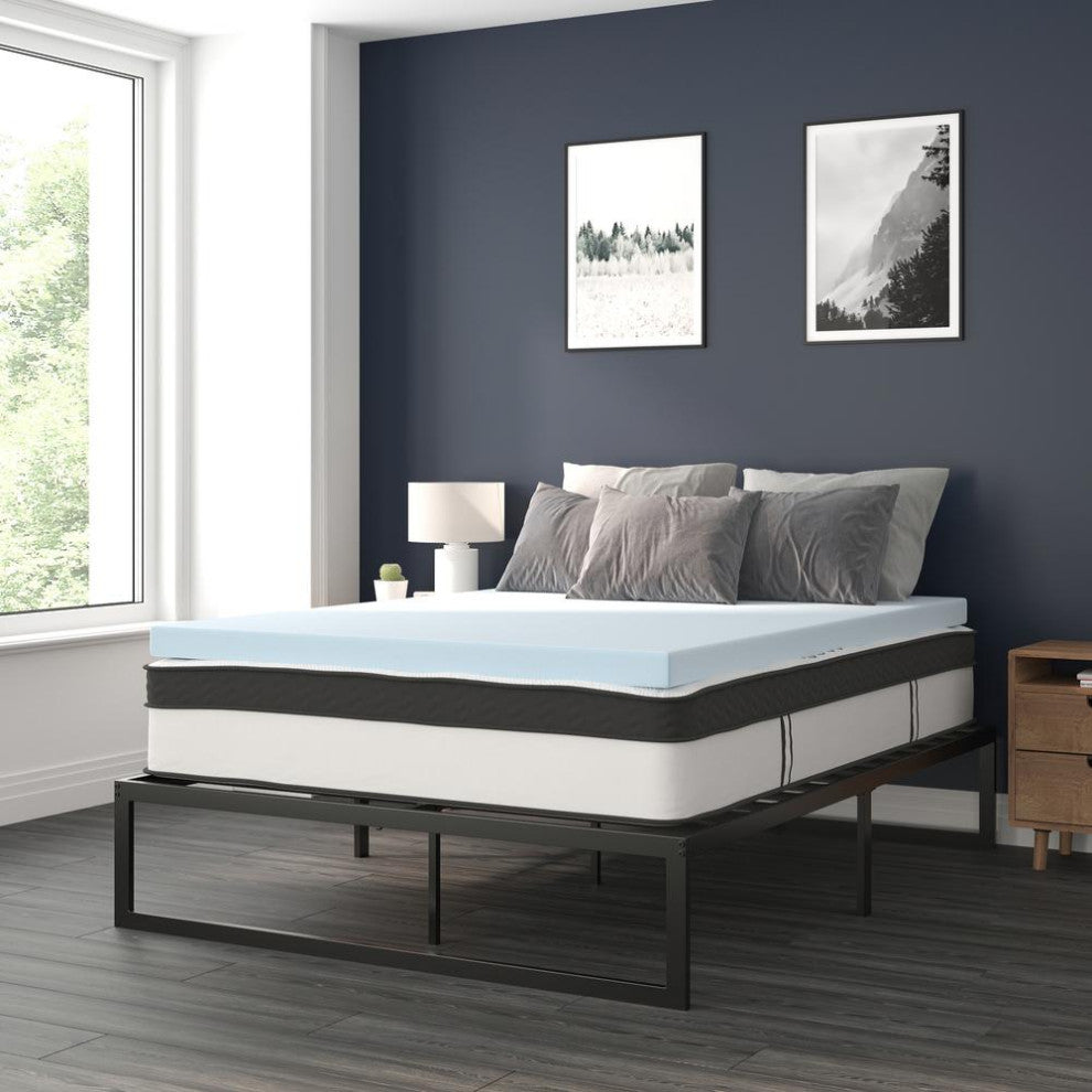 14" Metal Platform Bed Frame, 12" Pocket Spring Mattress & Memory Foam Topper, Black, King