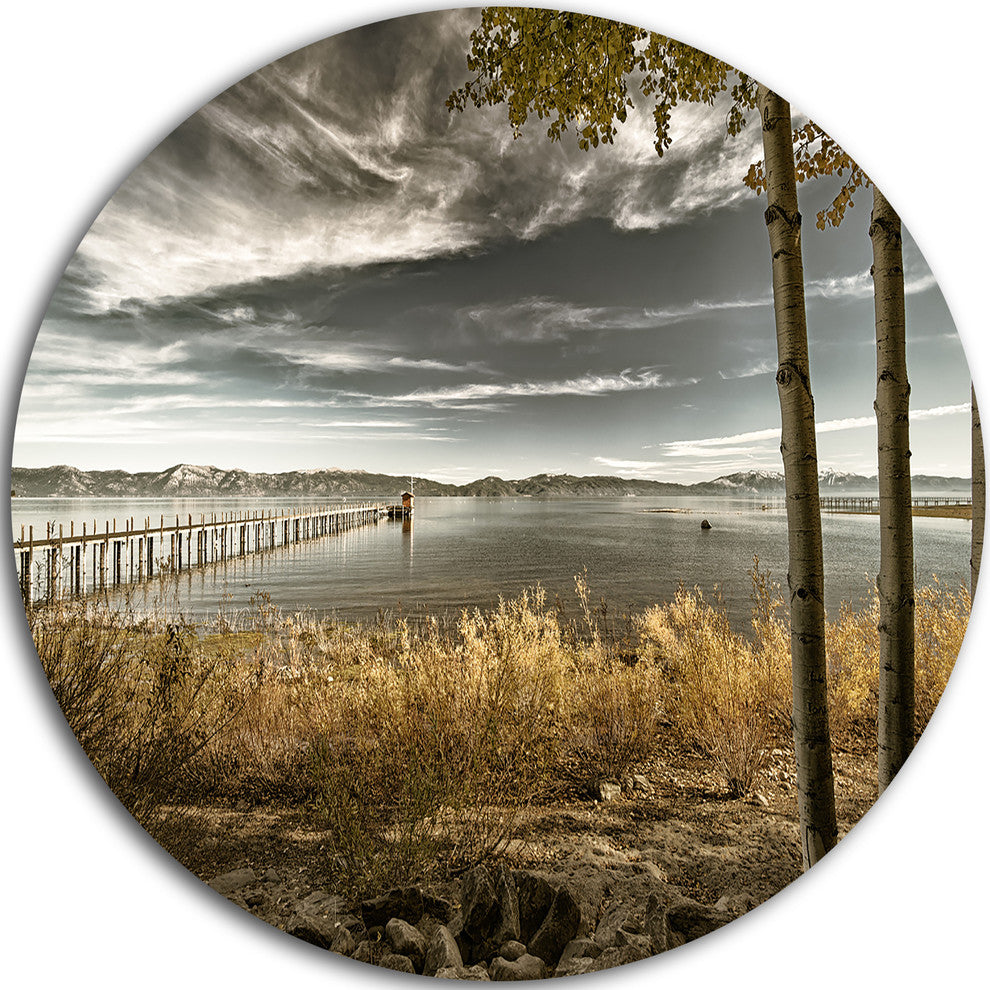Pier In Brown Lake, Landscape Photo Round Wall Art, 11"