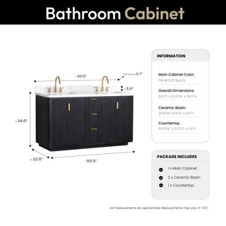 Vinnova Cadiz Bath Vanity, Composite Stone Top, Black, 60", No Mirror