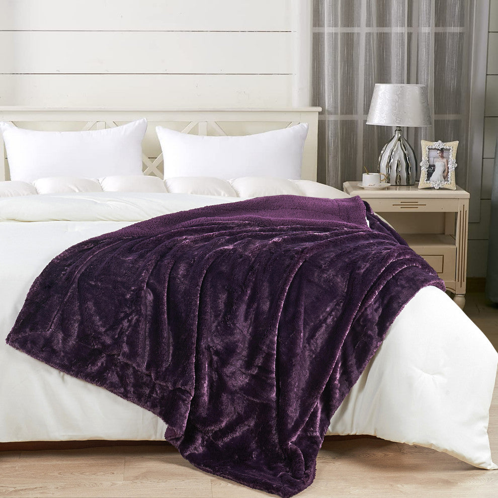 Plain Faux Fur Throw Blanket, Blackberry, 60"x80"