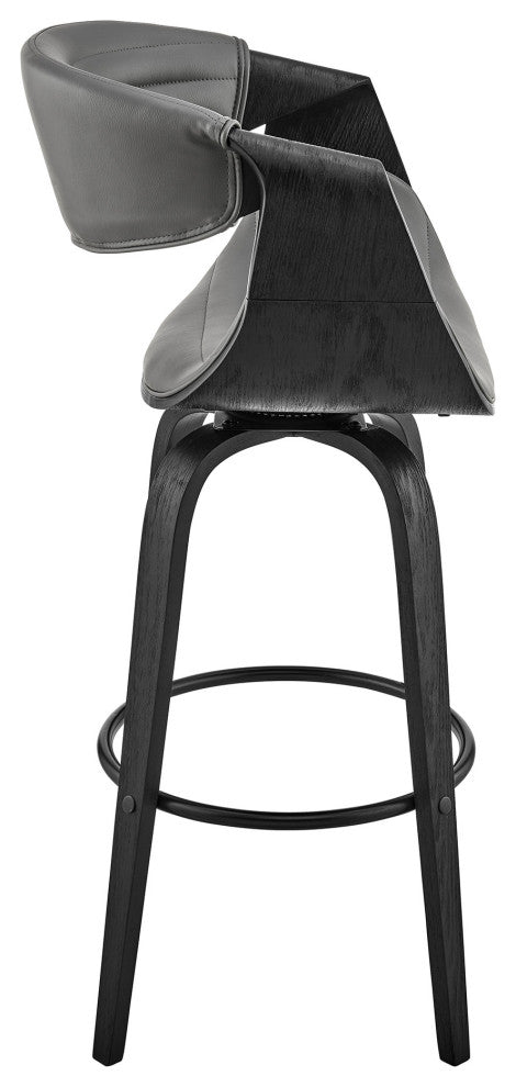 30" Gray Faux Leather and Black Wood Retro Chic Bar Stool