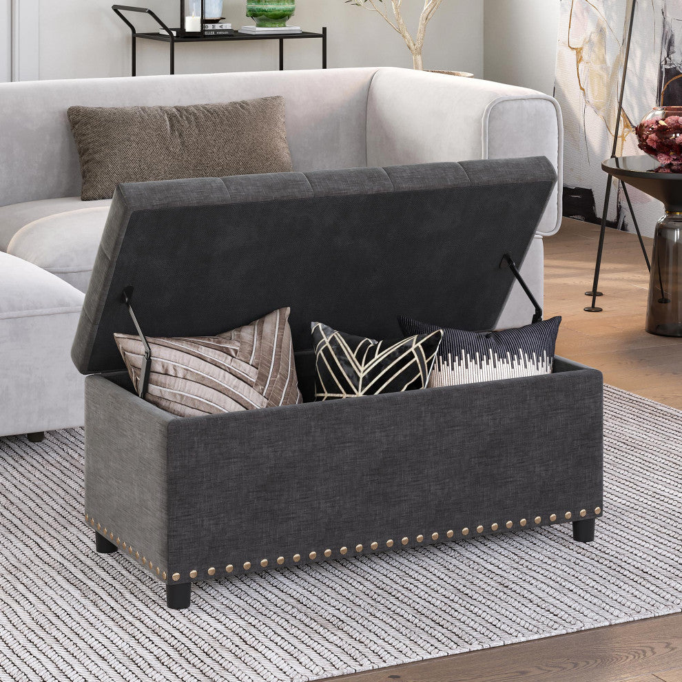 35" Storage Ottoman, Button-Tufted Linen Storage Bench - Dark Grey