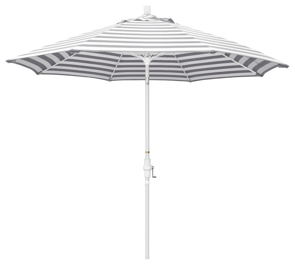 9' Matted White Collar Tilt Lift Fiberglass Rib Aluminum Umbrella, Olefin, Gray White Cabana Stripe