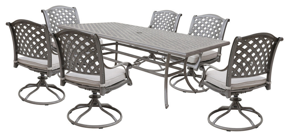 Carlsbad 7-Piece Rectangular Dining Set With 6 Swivel Rockers, Heritage Grey/Sand Dollar