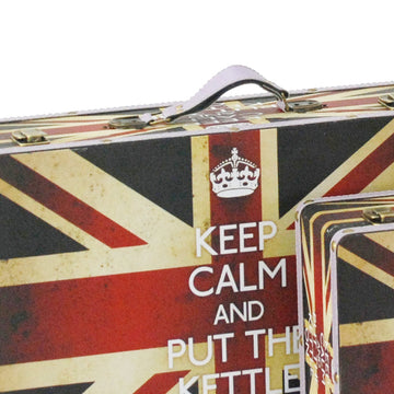 Benzara BM205924 Suitcase, Union Jack Print Canvas Upholstery, Multicolor, S/2