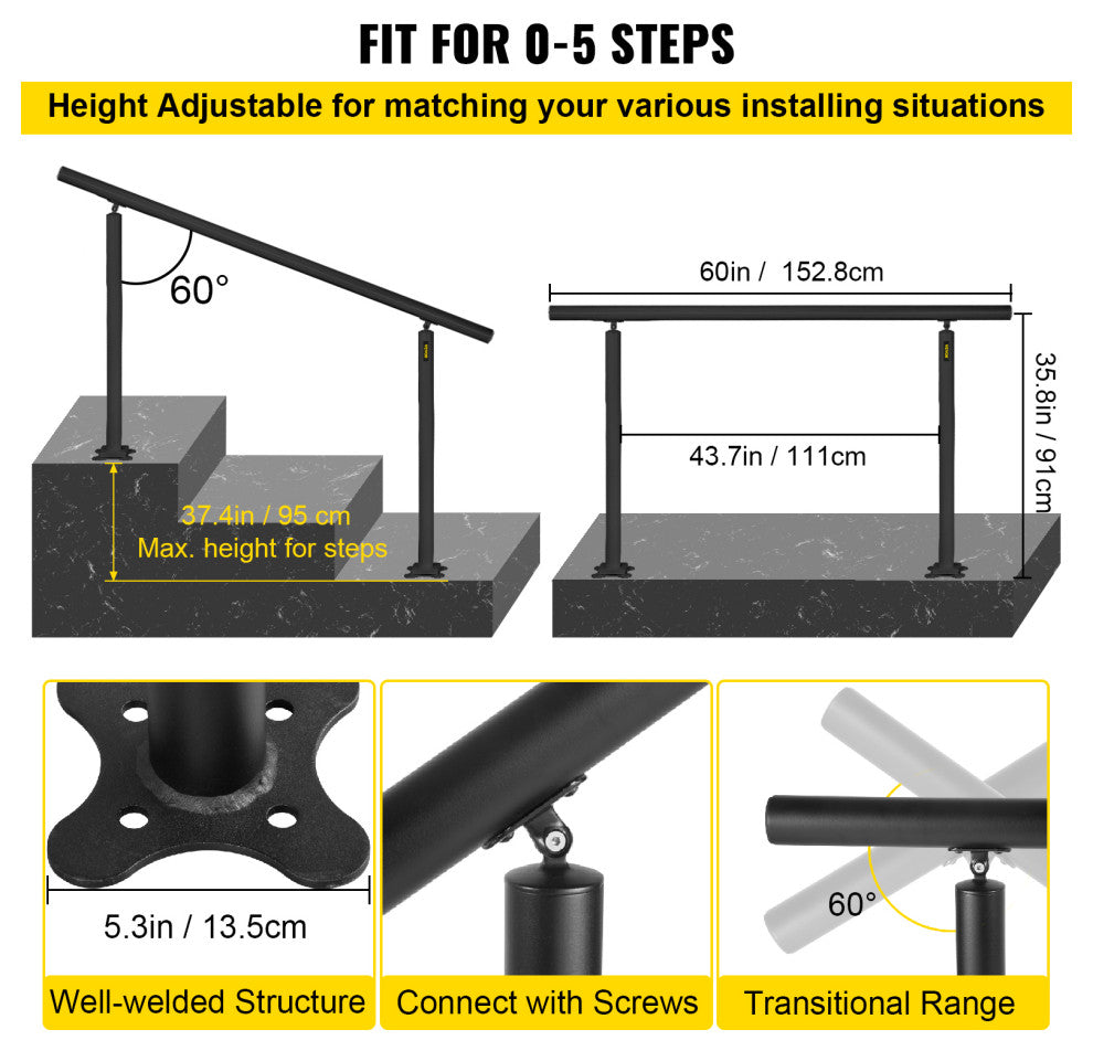 Outdoor Stair Railing Kit 5 FT Handrails Aluminum Stair Hand Rail, Black