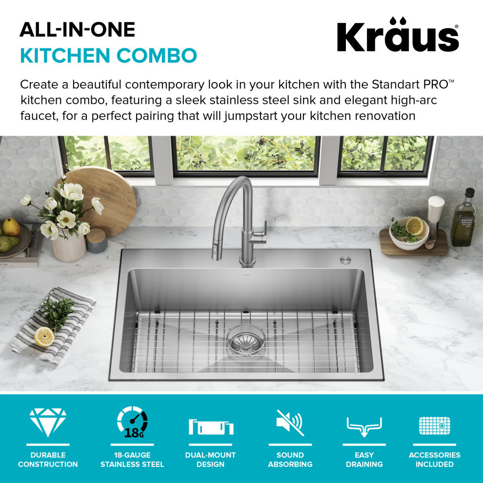 KRAUS Standart PRO 33" Drop, / Undermount Kitchen Sink and Pulldown Faucet SFS