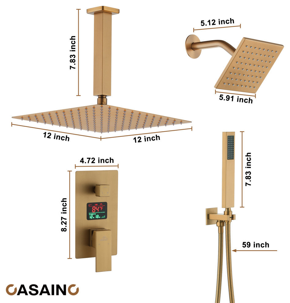 3 Function Wall Mounted Digital Display Shower System, Brushed Gold