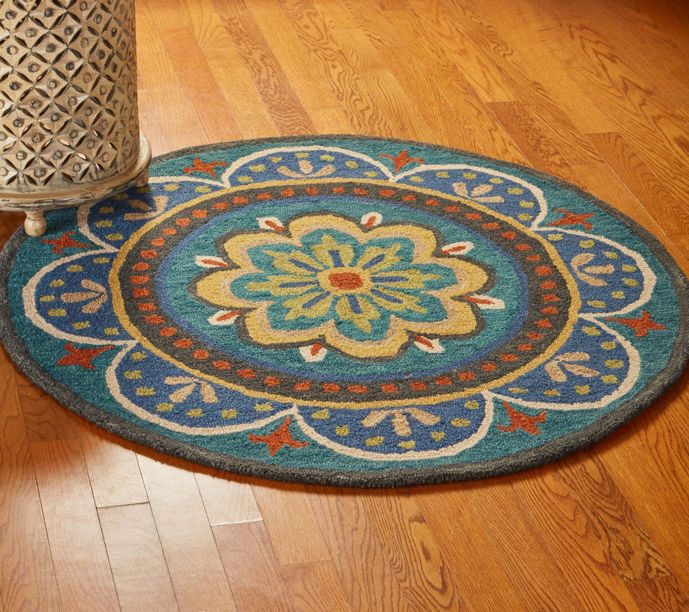 4' Round Blue Floral Mandala Area Rug