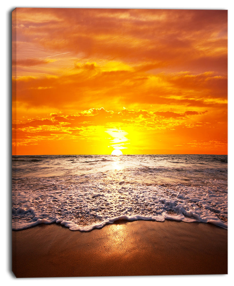 Majestic Sunset with Foaming Waves, Large Seashore Canvas Print, 12"x20"