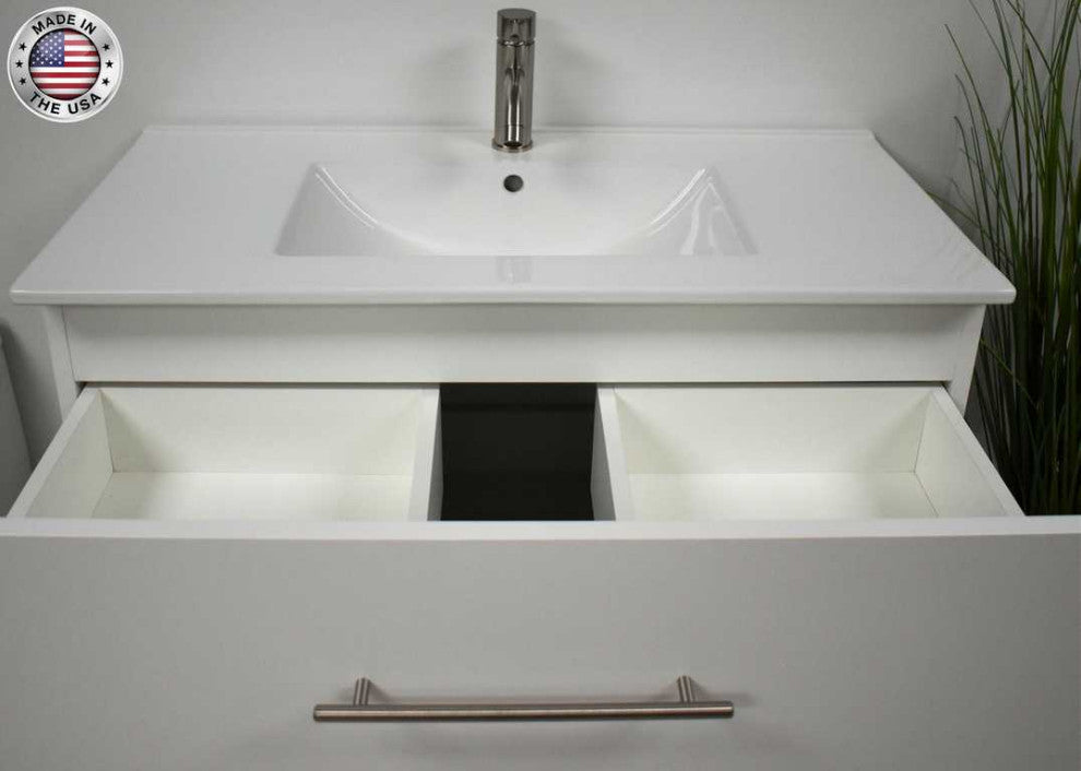 Napa 36" Modern Floating Bathroom Vanity With Ceramic Top and Round Handles, White