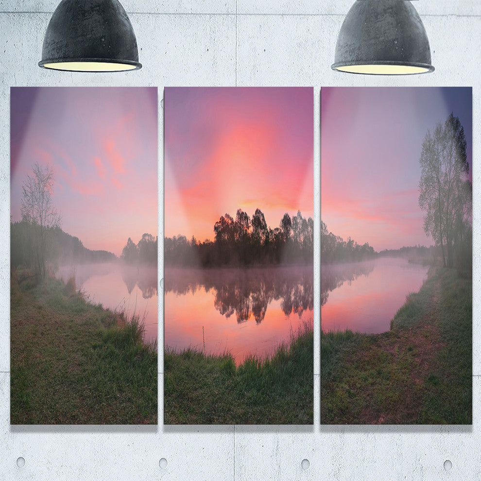 "Purple Tinged Lake Sunrise View" Metal Wall Art, 3 Panels, 36"x28"