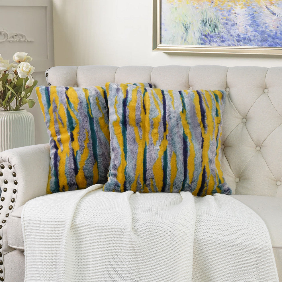 Multi Jacquard Faux Fur Pillow Covers Set of 2, Teal, 26''x26''