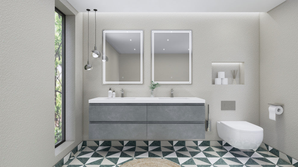 Belli 72" Double Sink Wall Mount Vanity Set, Cement Gray, Glossy White Top