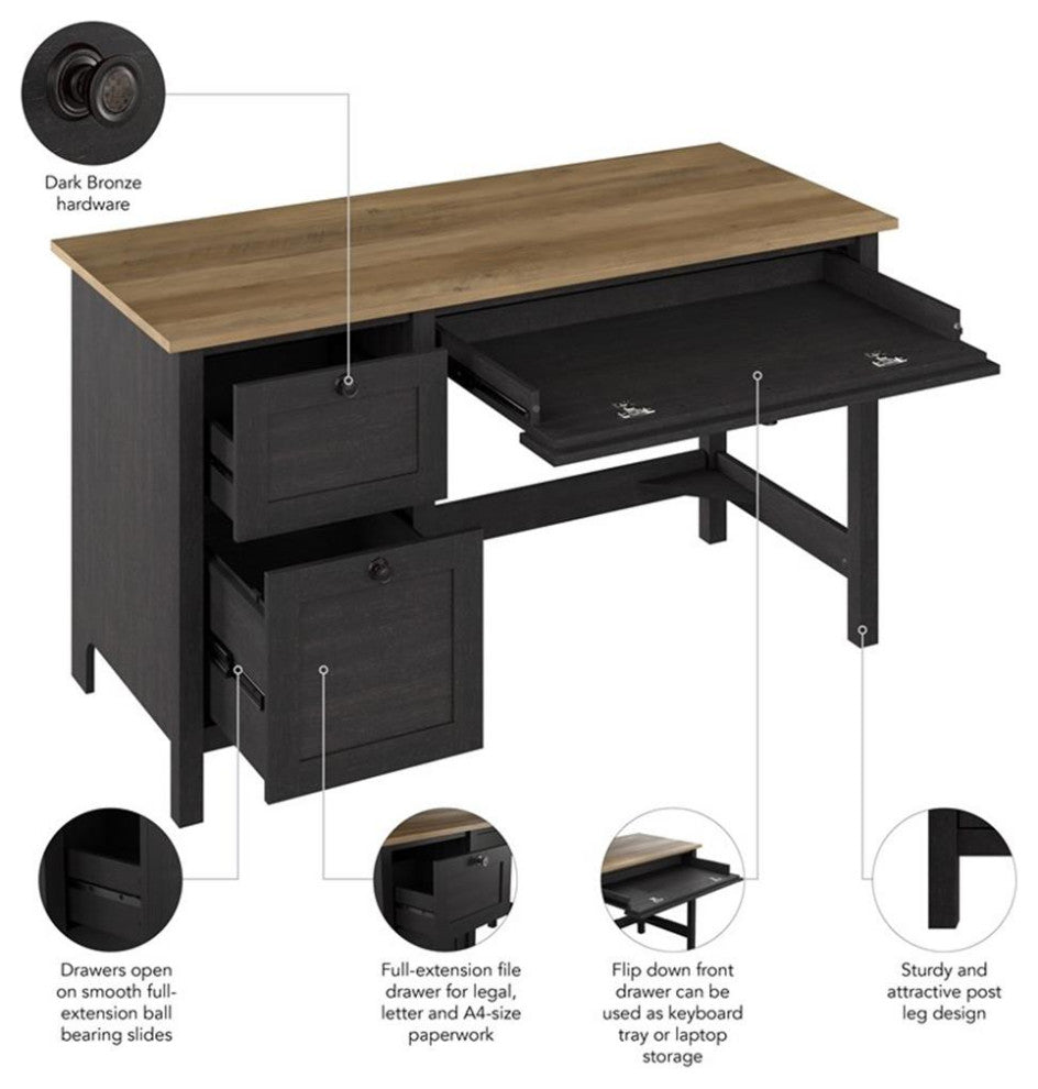 Pemberly Row 54W Computer Desk with Drawers in Vintage Black and Reclaimed Pine