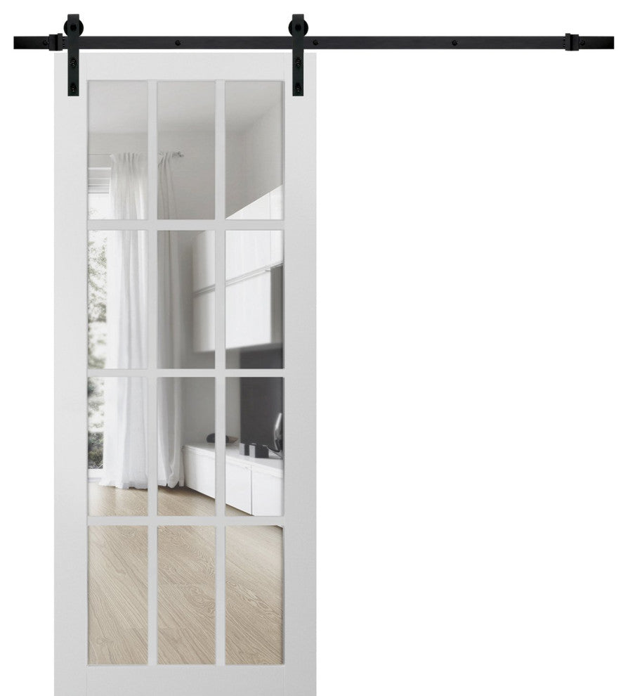 Barn Door 42 x 80 Clear Glass, Felicia 3355 Matte White, 8FT Rail Kit