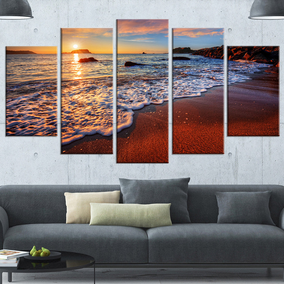 Stunning Ocean Beach at Sunset, Large Seashore Canvas Print, 60"x32", 5 Panels
