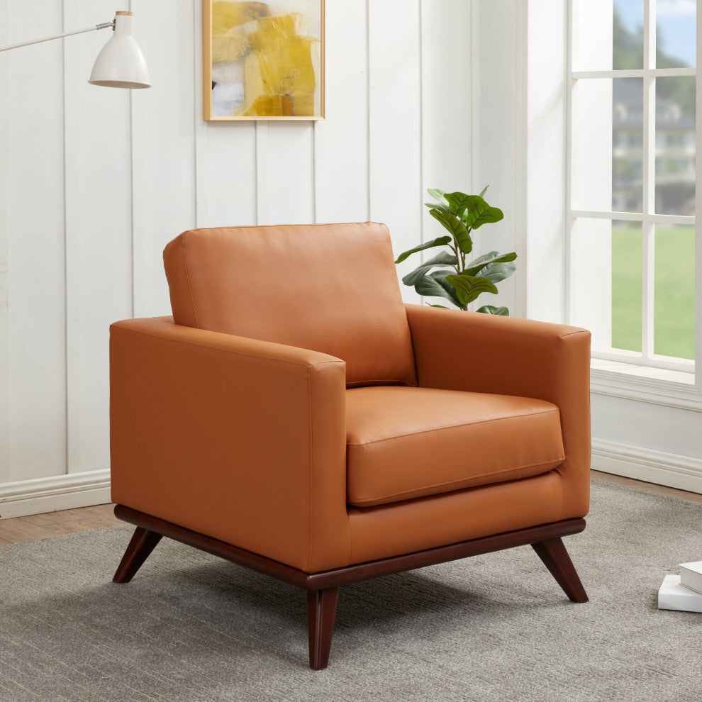 LeisureMod Chester Mid-Century Modern Faux Leather Accent Arm Chair, Cognac Tan
