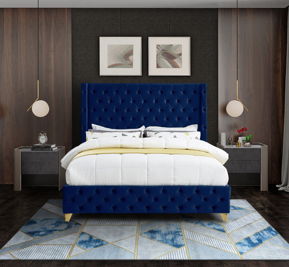 Savan Velvet Upholstered Bed, Navy, King