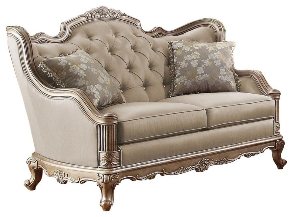 Fayanna Baroque Love Seat, Fabric Twilight Taupe with Wood Trim