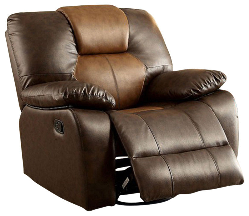 Pollux Transitional Swivel Glider Recliner, Dark Brown and Light Brown Finish
