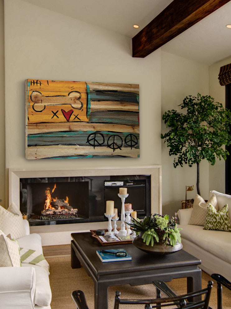 "Peace Bone Flag" Print on Natural Pine Wood by Tori Campisi