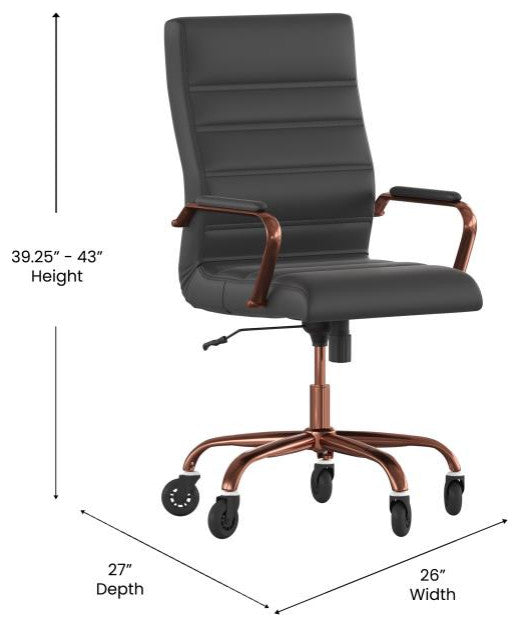 Whitney High Back Executive Swivel Office Chair with Black Frame & Arms, Black Leathersoft/Rose Gold Frame