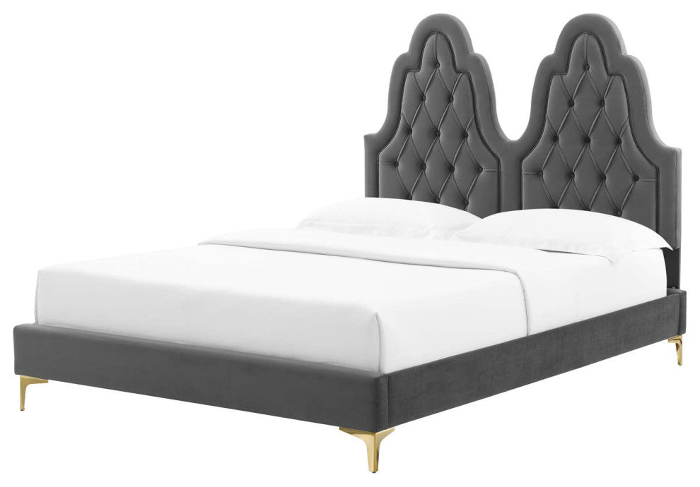 Tufted Platform Bed Frame, Queen Size, Velvet, Gray, Modern Contemporary