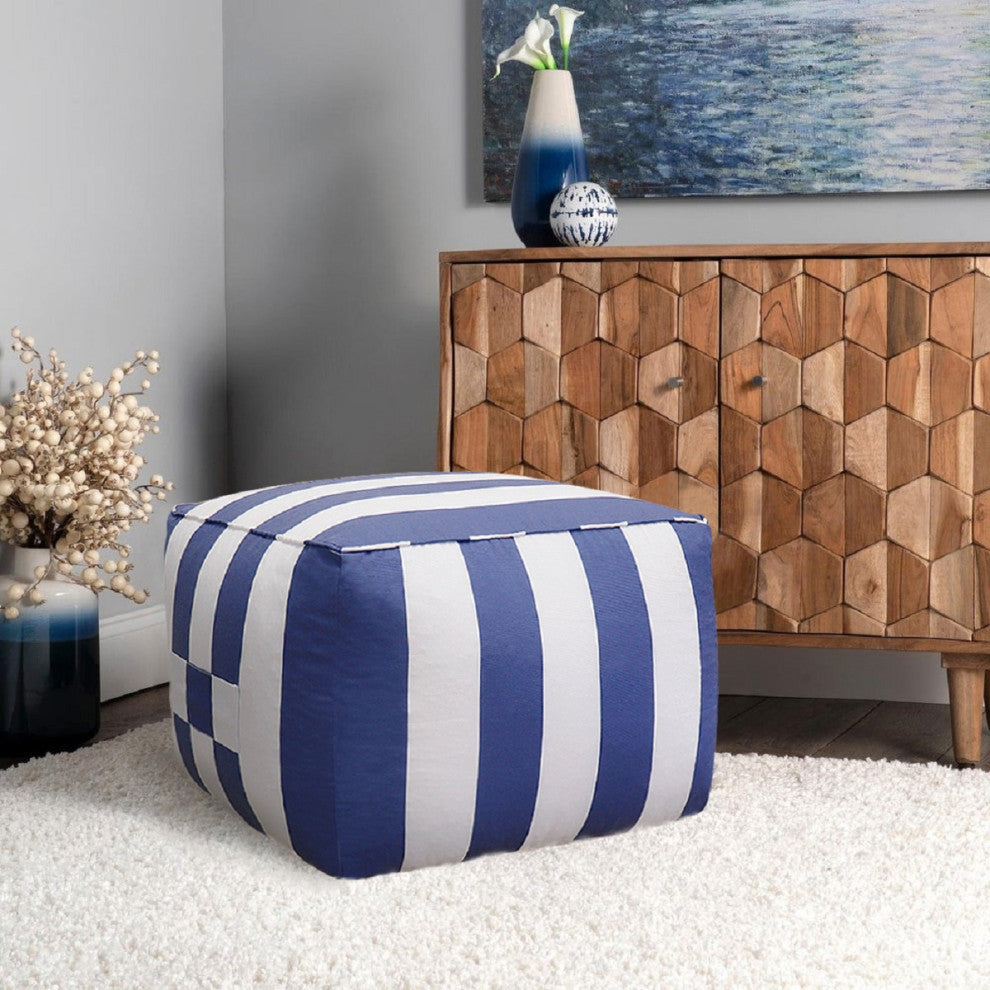 Pasargad Home Galaxy Collection White/Blue Poly Fabric Striped Pouf